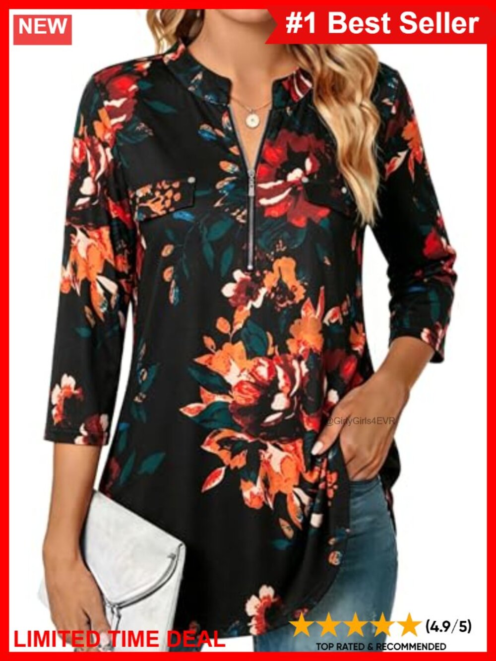 Women's 3/4 Sleeve Plaid Floral Tunic Blouse Zip V-Neck Casual Top